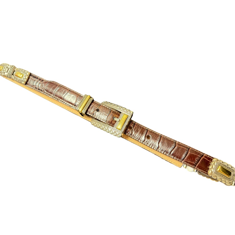 Brighton Belt M Brown EUC Croc Embossed Mixed Metal Western Ornate Silver/Gold